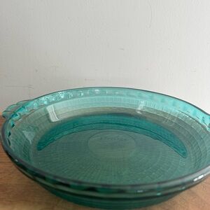 vintage Pyrex Peacock Green Teal Turquoise Basketweave 9.5" Pie Plate Dish 229